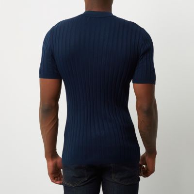 Dark blue ribbed muscle fit polo shirt